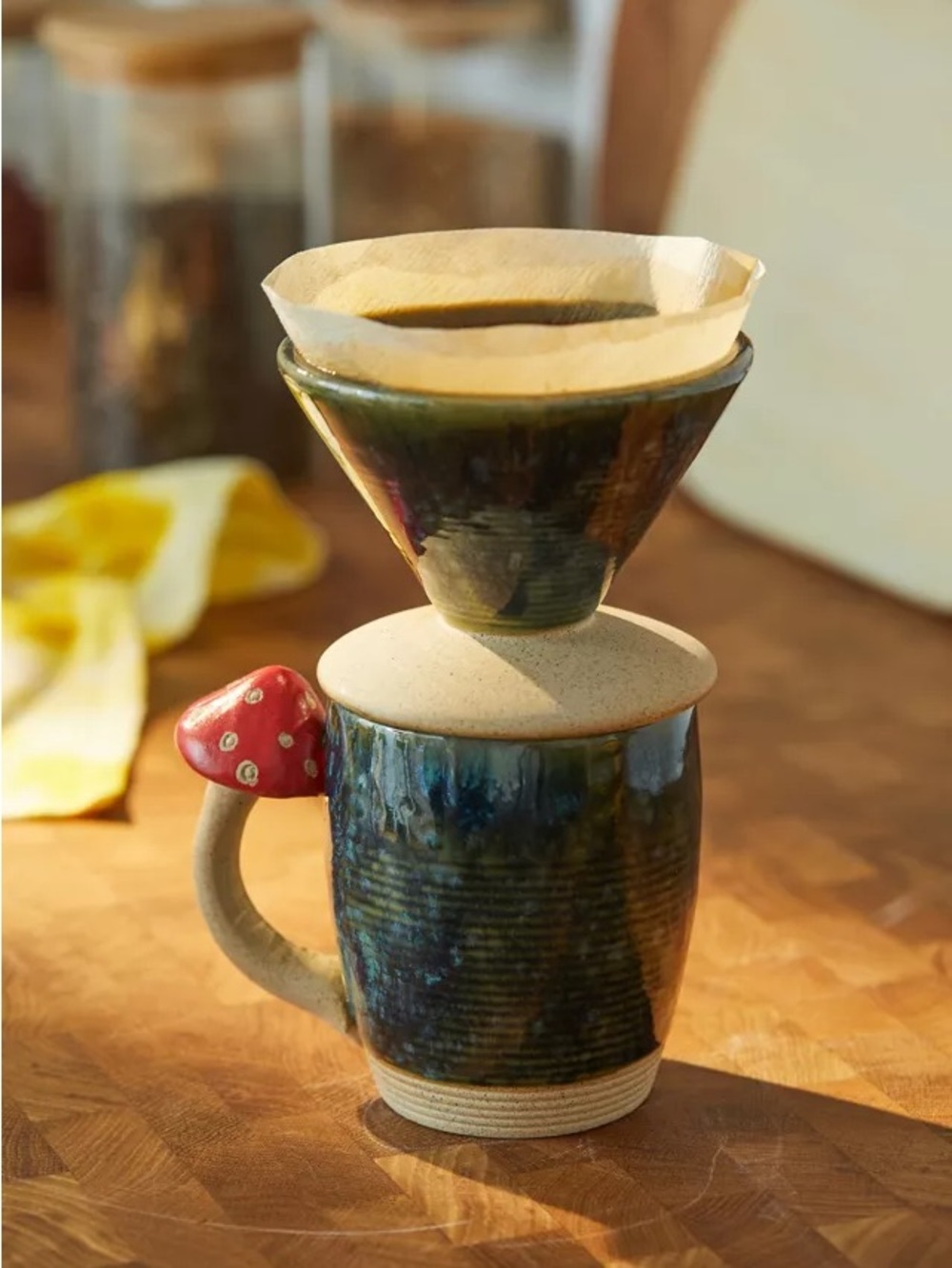 Ceramic Dripper Pour Over Coffee Mug Set in Deep Blue with Red Accent